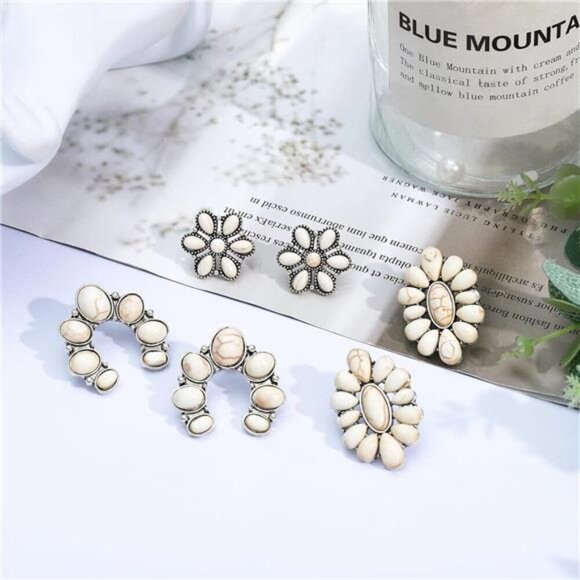 Boho White Stud Earring Set – 14 Pairs of Vintage Western-Inspired Earrings - Picture 4 of 7
